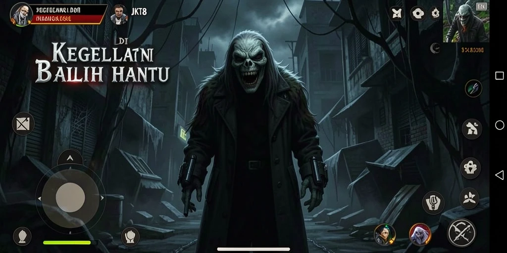 Screenshot gameplay JKT8 dengan suasana menakutkan dan karakter yang mengerikan.