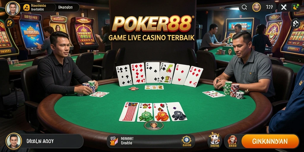 Screenshot gameplay <strong>POKER88</strong> yang menampilkan suasana kasino langsung yang mendebarkan.