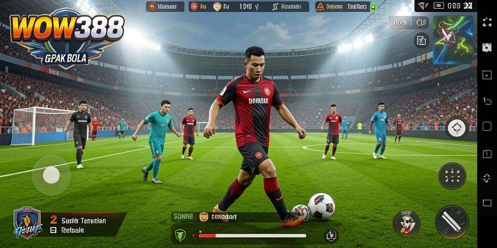 Tangkapan layar utama WOW388 menampilkan aksi seru di lapangan sepak bola.